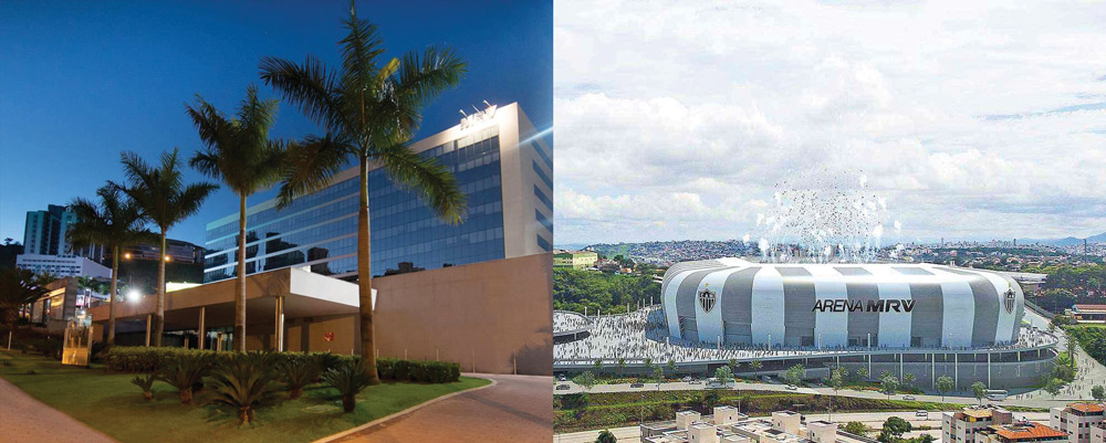 Sede da empresa MRV, em Belo Horizonte, Minas Gerais. Na foto à direita, o projeto da Arena MRV